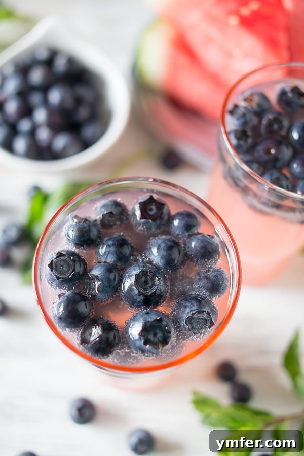 Watermelon Blueberry Mint Sparkle 5 Beautifully garnished Watermelon Blueberry Mint Spritzer, glistening in the light, ready to be served and enjoyed at a summer gathering or on Memorial Day.