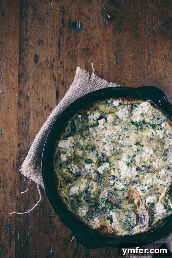 Wild Mushroom, Chèvre, and Garden Herb Frittata 5 Overhead view of the freshly baked Mushroom Herb Goat Cheese Frittata in a cast iron skillet, dotted with goat cheese and herbs, ready to be served for brunch.
