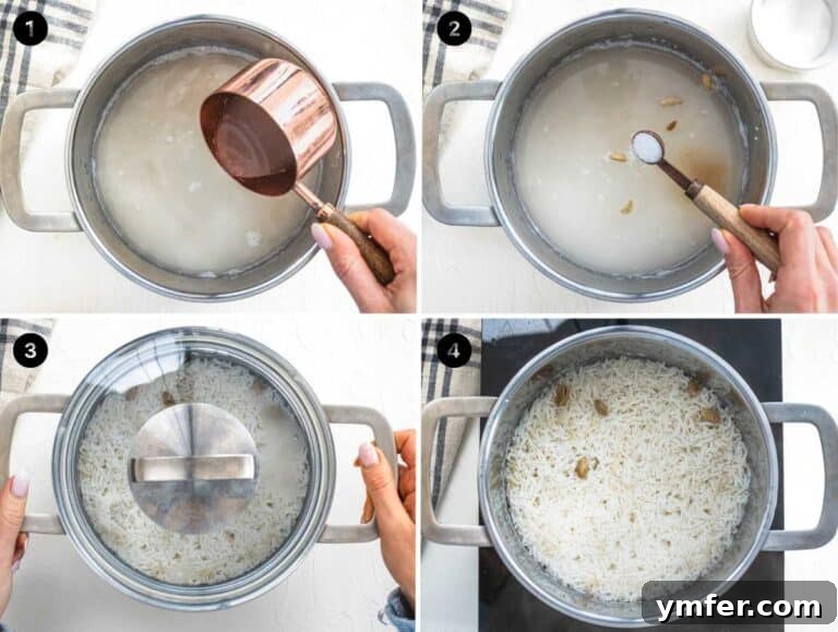 A visual sequence of cooking basmati rice using the absorption method: adding water and rice, bringing to a boil, covering to simmer, and resting off heat.