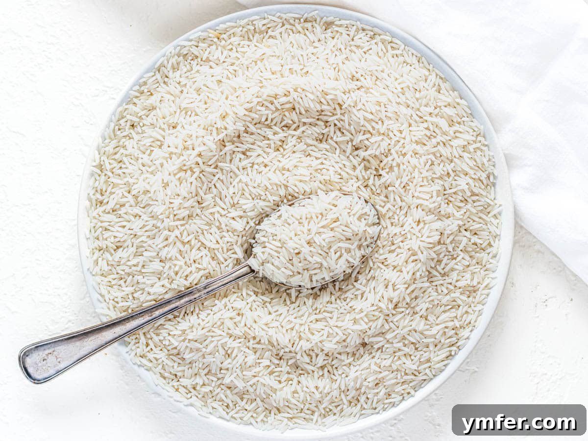 Mastering Fluffy Basmati Rice 3 A pristine white plate showcasing long, slender, uncooked basmati rice grains, ready for preparation.
