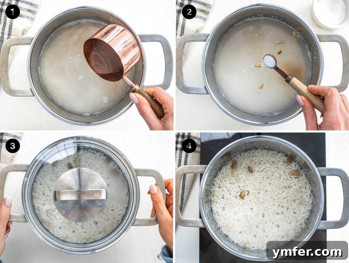 Mastering Fluffy Basmati Rice 5 A visual guide demonstrating the four key steps of cooking basmati rice using the absorption method: combining ingredients, bringing to a boil, simmering with a lid, and finally, allowing it to rest off the heat.