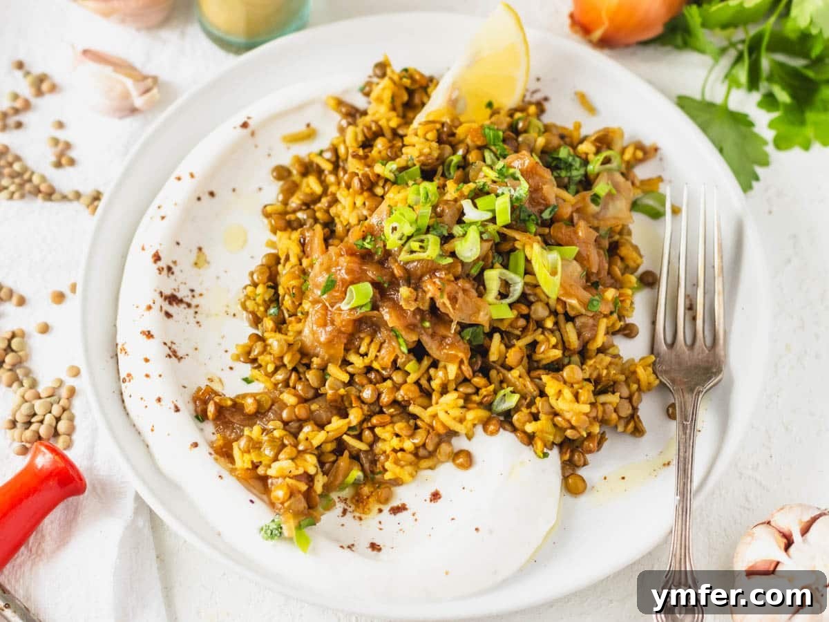 Golden Turmeric Creations 7 Mujadara served on a spread of labneh on a plate with a fork