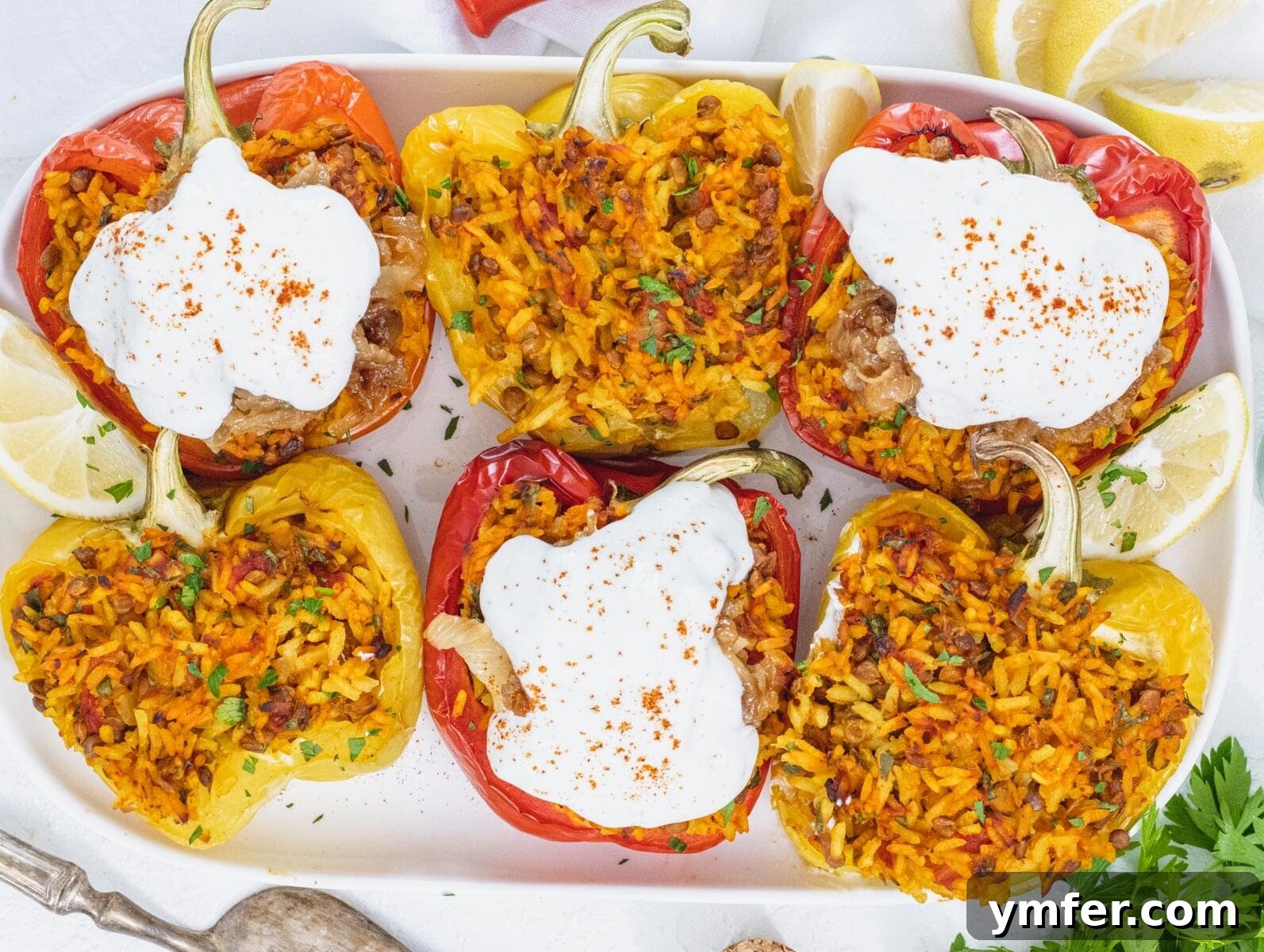 Golden Turmeric Creations 9 stuffed bell peppers topped with caramelized onions and yogurt