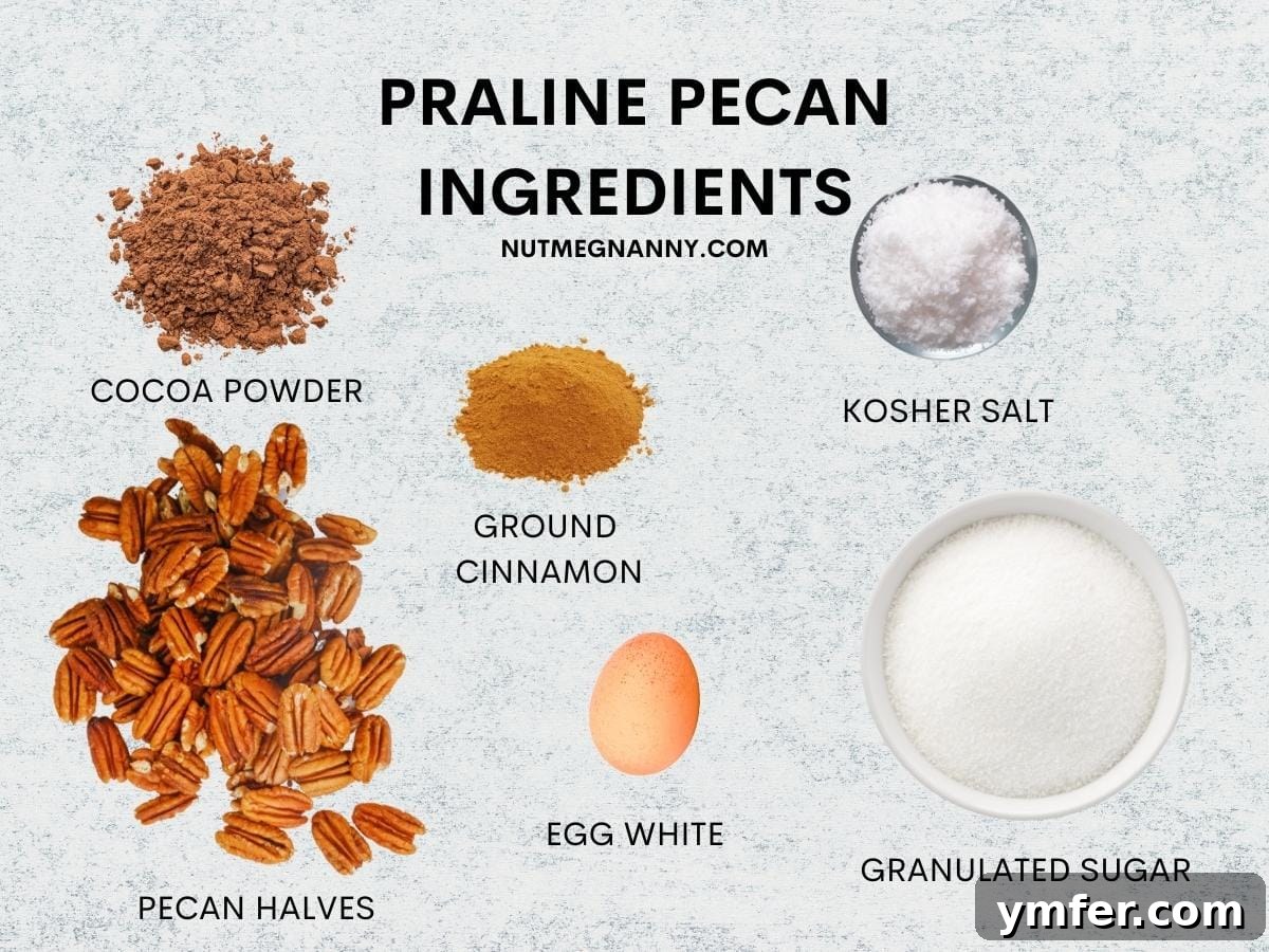 Caramelized Pecan Crunch 3 Ingredients for Praline Pecans laid out, including pecan halves, sugar, cinnamon, cocoa powder, salt, and an egg white.