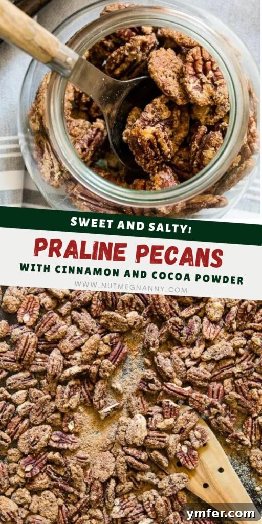 Caramelized Pecan Crunch 7 Praline Pecans pin for Pinterest, showcasing the delicious nuts in a rustic setting.