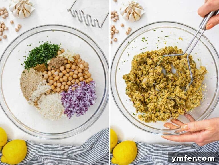 Mashing the chickpeas with onions and spices in a bowl