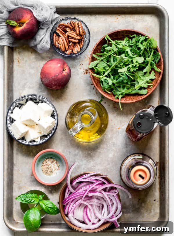 Sweet and Savory Peach Feta 3 Ingredients for Peach Feta Salad laid out on a wooden surface, ready for preparation.