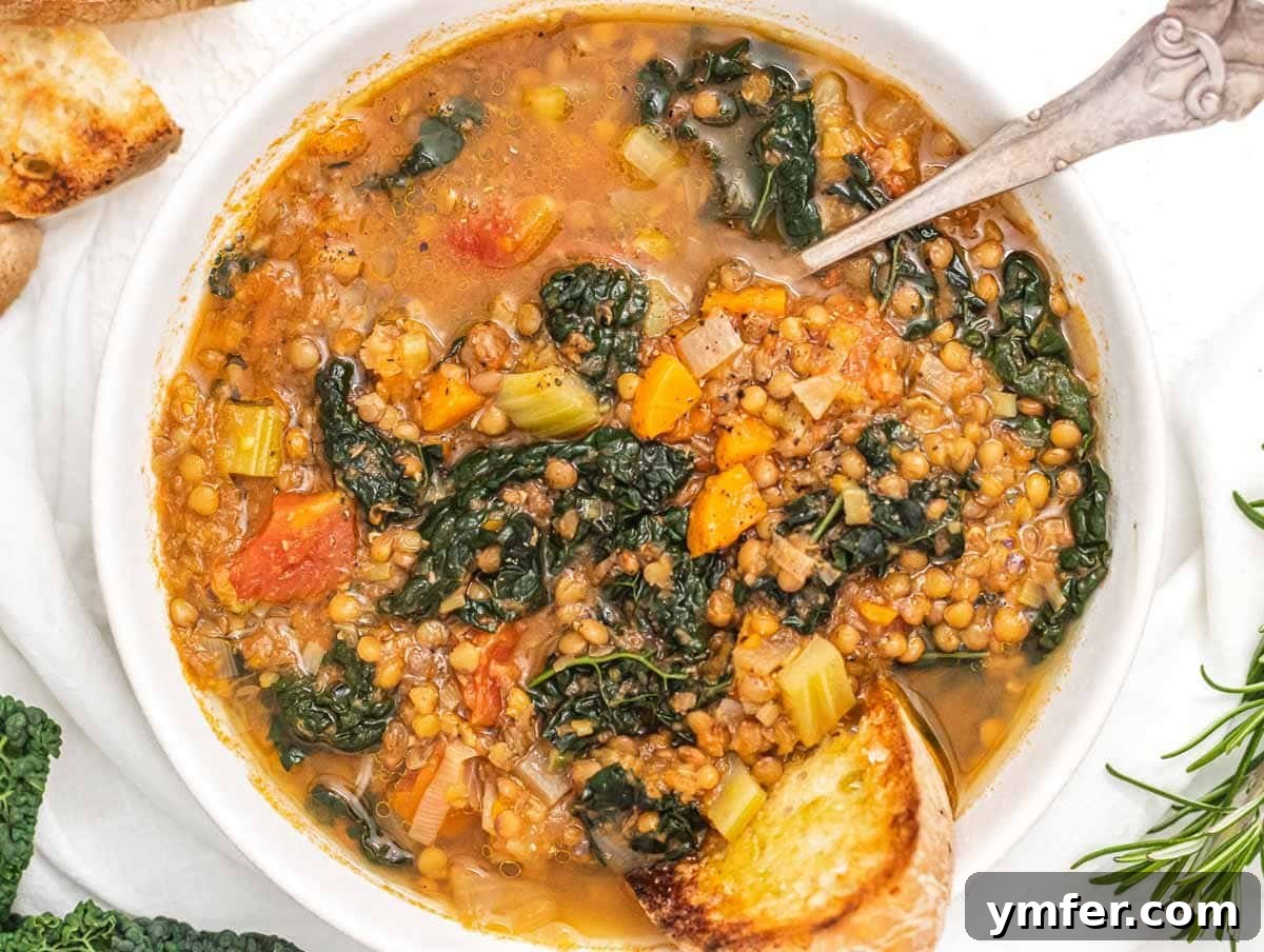 Simple Celery Recipes 4 Hearty lentil soup served in a rustic bowl with toasted bread on the side.