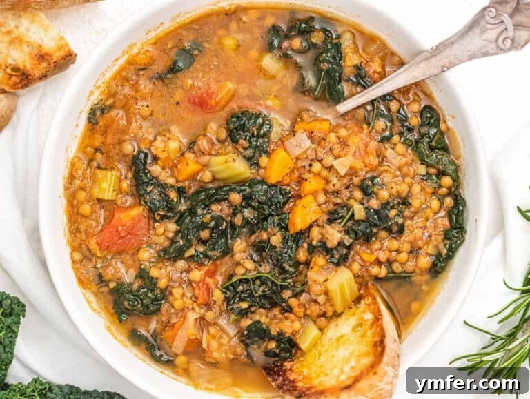 Simple Celery Recipes 33 lentil soup served in a bowl with toasted bread