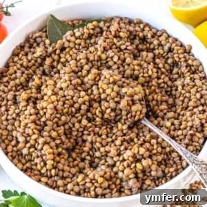 Cooked brown lentils in a bowl with a silver spoon and lemon wedges on the side