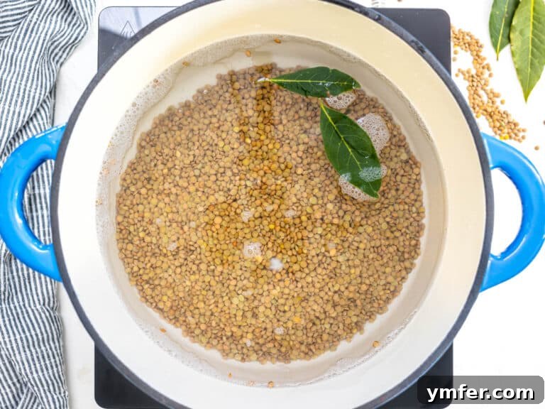 Perfect Lentils Every Time 20 bay leaves and brown lentils cooking in a casserole