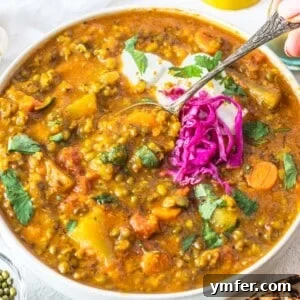 Jade Bean Elixir 13 Mung bean soup with pickled cabbage and hand holding a silver spoon