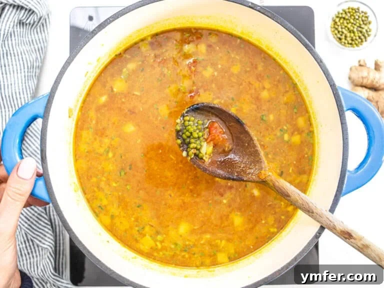 Jade Bean Elixir 16 Mung beans and canned tomatoes with broth in a blue casserole