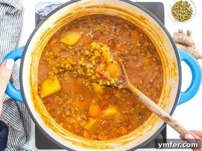 Jade Bean Elixir 17 Mung beans and potatoes in a soup with hand holding a wooden spoon