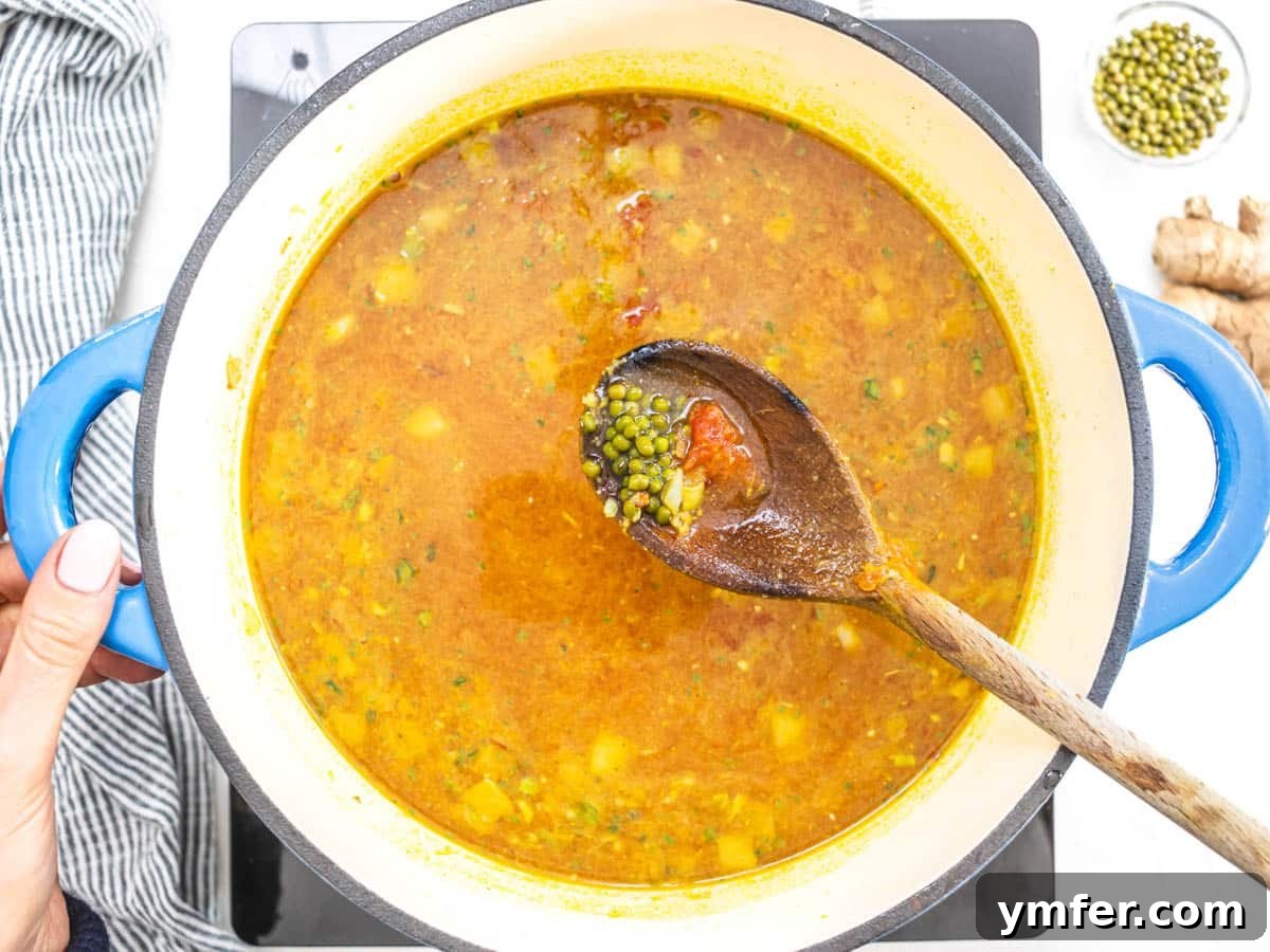 Jade Bean Elixir 9 Mung beans, canned tomatoes, and broth in a blue casserole dish, simmering