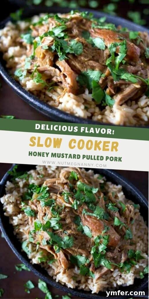 Tender Slow Cooker Honey Mustard Pulled Pork 5 Slow Cooker Honey Mustard Pulled Pork pin for Pinterest. A vertical image designed for sharing.