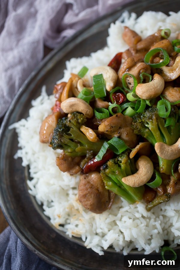 Spicy Cashew Chicken Stir-fry 3 An overhead shot showcasing a hearty portion of homemade Spicy Cashew Chicken, complete with perfectly cooked chicken, vibrant green broccoli, and golden-brown cashews, all coated in a savory brown sauce. The dish is presented beautifully, garnished with chopped scallions, and ready for serving.