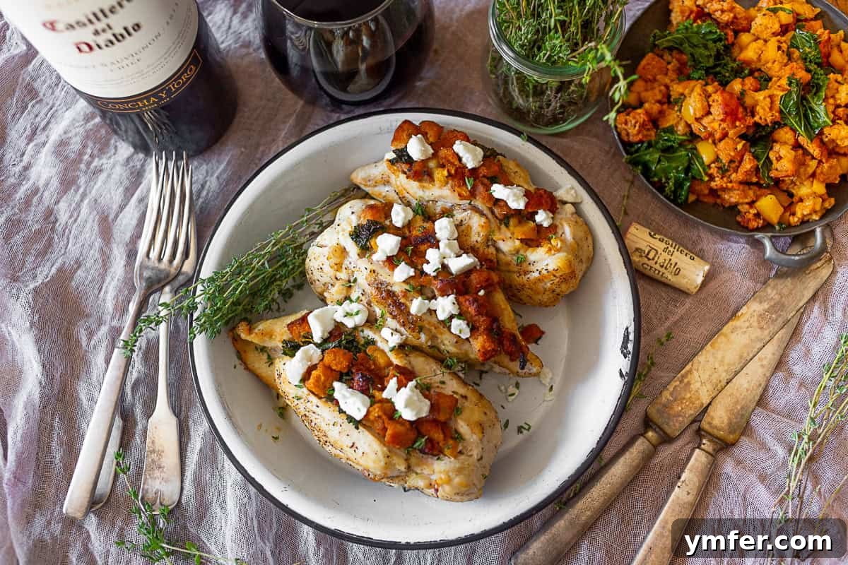 Southern Cornbread Stuffed Chicken 4 Chorizo apple cornbread stuffed chicken breast served with extra stuffing and a glass of red wine.
