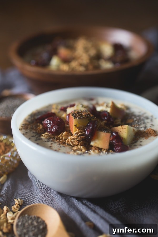 Spiced Apple Pie Smoothie Bowl 3 A close-up of an Apple Pie Smoothie Bowl, richly garnished with fresh apple chunks, tiny chia seeds, and bright dried cranberries, highlighting its vibrant texture.