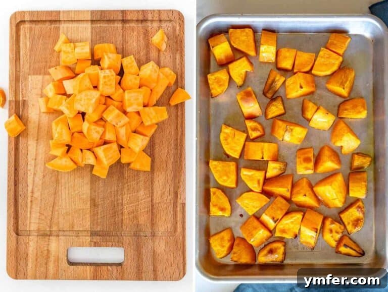 Wholesome Quinoa Lentil Delight 10 Step 1 Chopping and roasting the sweet potatoes.