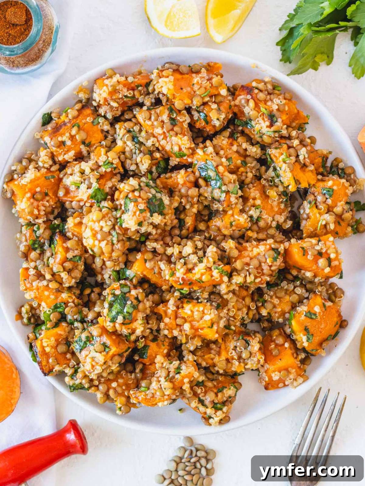 Wholesome Quinoa Lentil Delight 4 A close-up shot of a healthy bowl of lentil and quinoa salad, showcasing its textures.