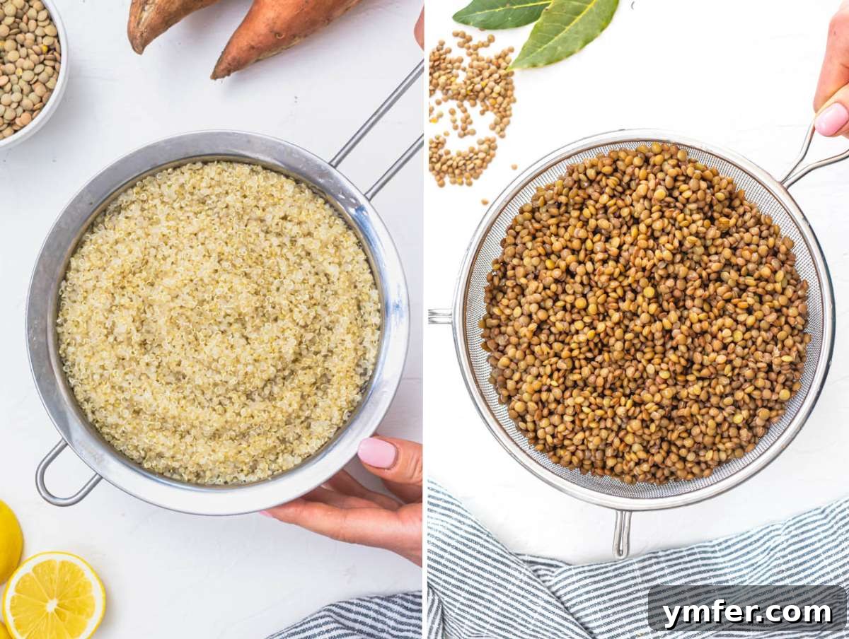 Wholesome Quinoa Lentil Delight 6 Step 2: Cooked quinoa and lentils being drained in separate strainers, ready for salad assembly.