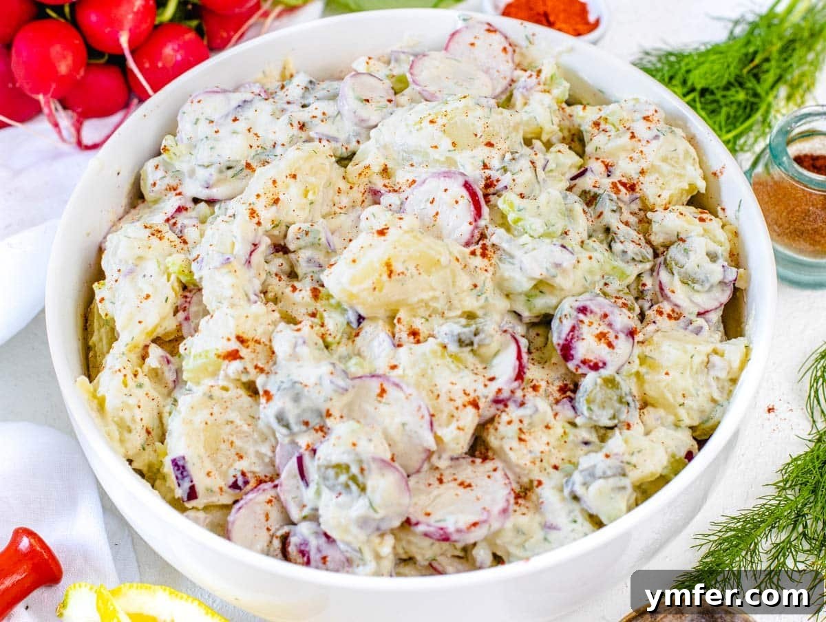 Flavorful Onion Dishes 15 Dill Potato Salad garnished with paprika and radishes