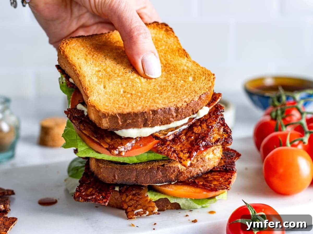 25 Power-Packed High Protein Vegan Breakfasts 15 Vegan bacon lettuce and tomato sandwich with tempeh bacon.