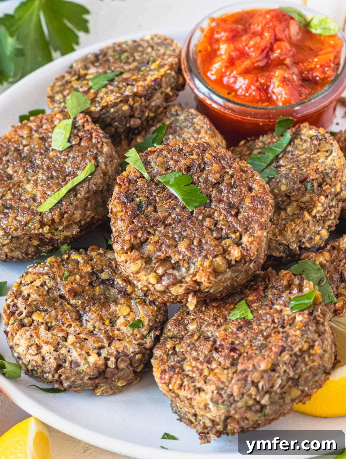 Spiced Lentil Delights 2 Golden-brown lentil patties served with a side of rich marinara sauce and sprinkled with fresh parsley, ready to be enjoyed.
