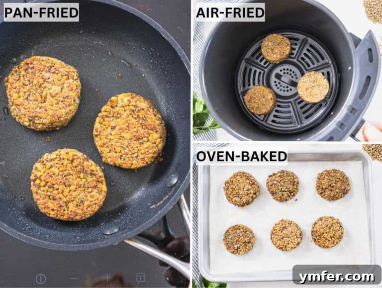 Spiced Lentil Delights 10 Comparison of lentil patties cooked using three different methods: pan-fried, oven-baked, and air-fried.