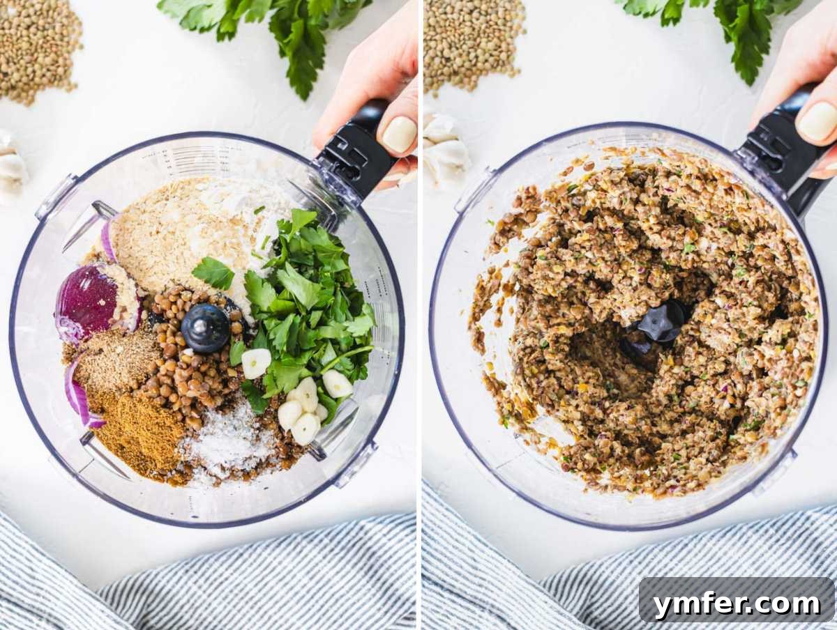 Spiced Lentil Delights 4 Food processor containing fresh ingredients before blending, and then after pulsing, showing a coarse, well-combined lentil mixture.