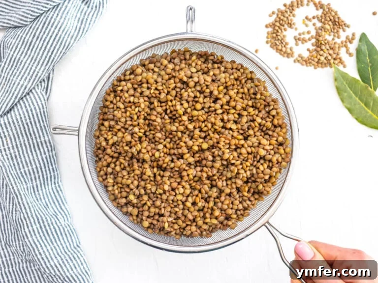 Cooked and rinsed lentils in a sift