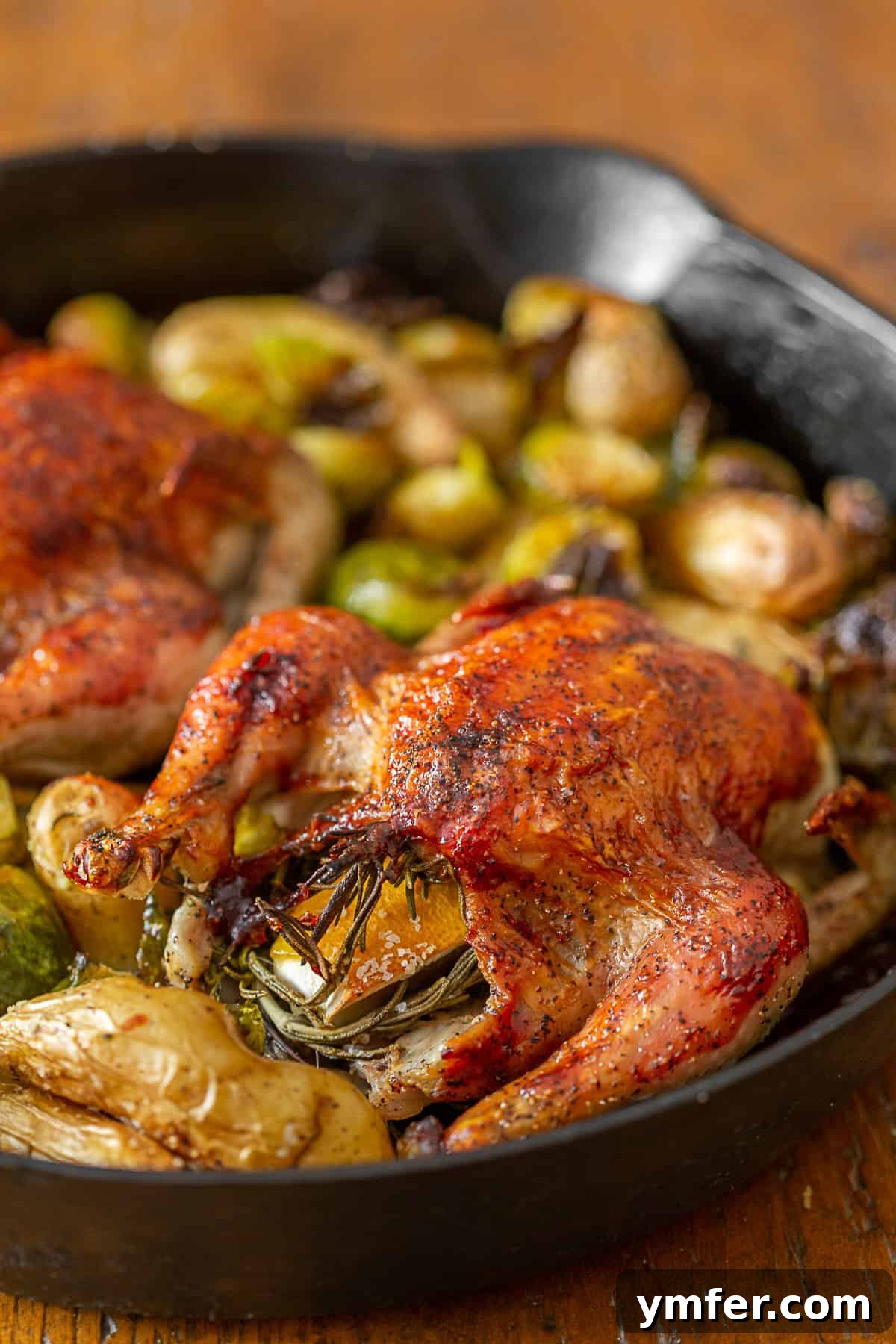 Zesty Cranberry BBQ Cornish Hens 2 A beautifully roasted Cranberry BBQ Sauce Cornish Hen in a skillet, surrounded by golden fingerling potatoes and vibrant green Brussels sprouts, ready to be served.