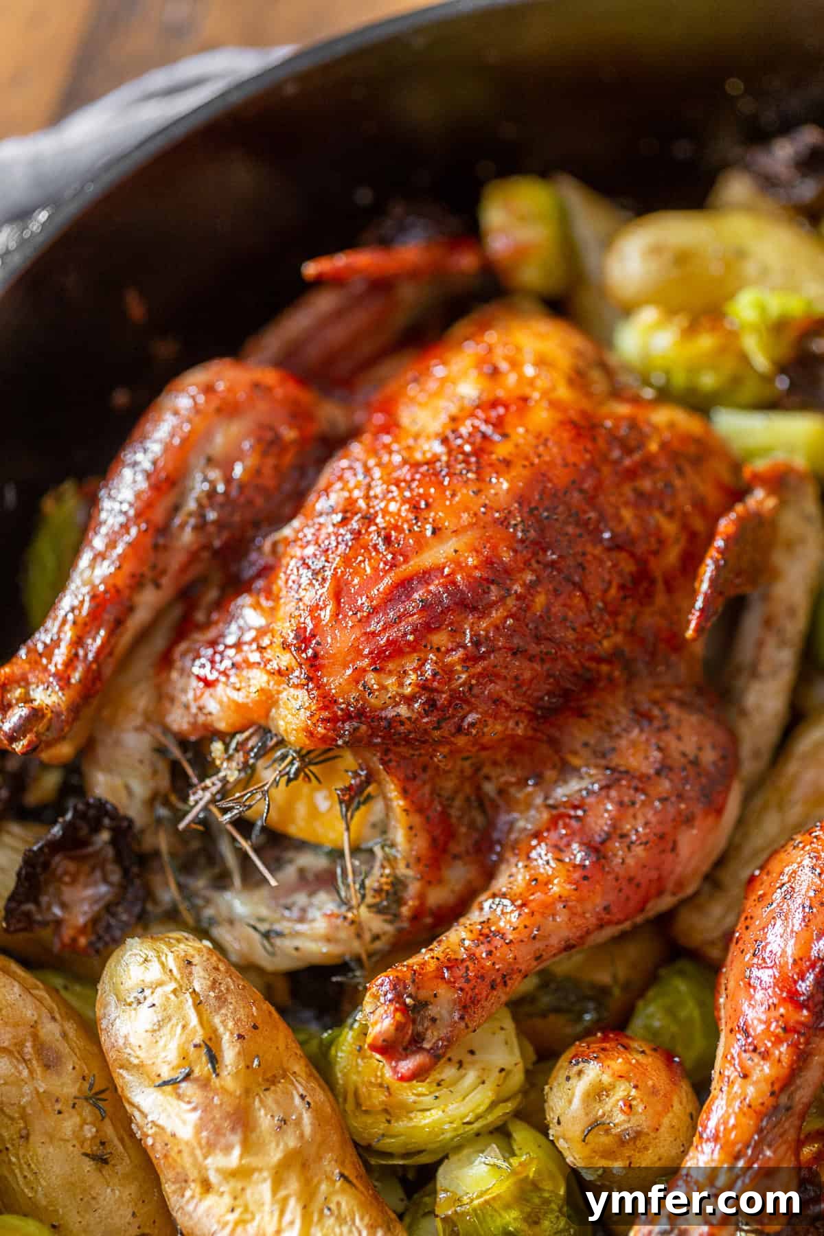 Zesty Cranberry BBQ Cornish Hens 4 A cast iron skillet filled with roasted Cranberry BBQ Sauce Cornish Hens, alongside vibrant vegetables and potatoes, ready for serving.