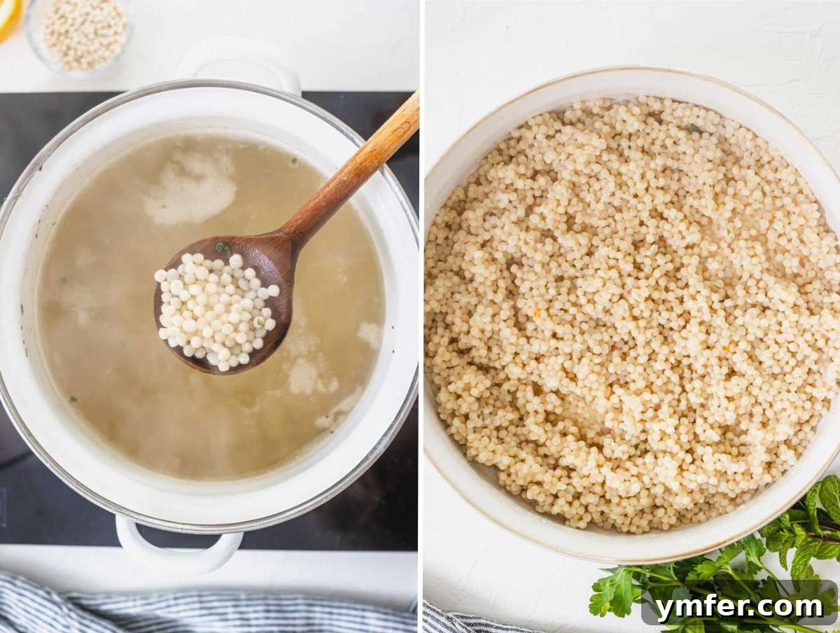 Step-by-step image showing pearl couscous being cooked in a pot.