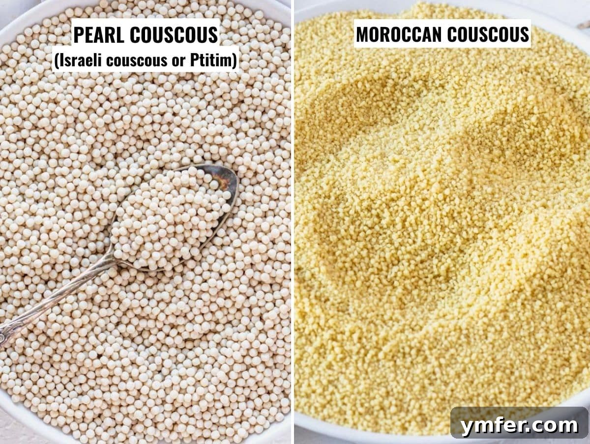 Comparison between Israeli couscous and Moroccan couscous, showing their size and texture differences.