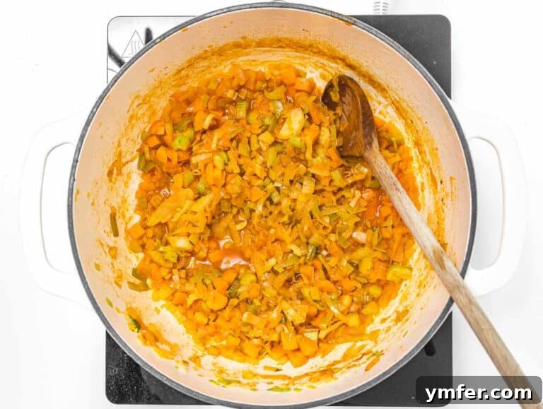 vegetables and tomato paste combining in the pot