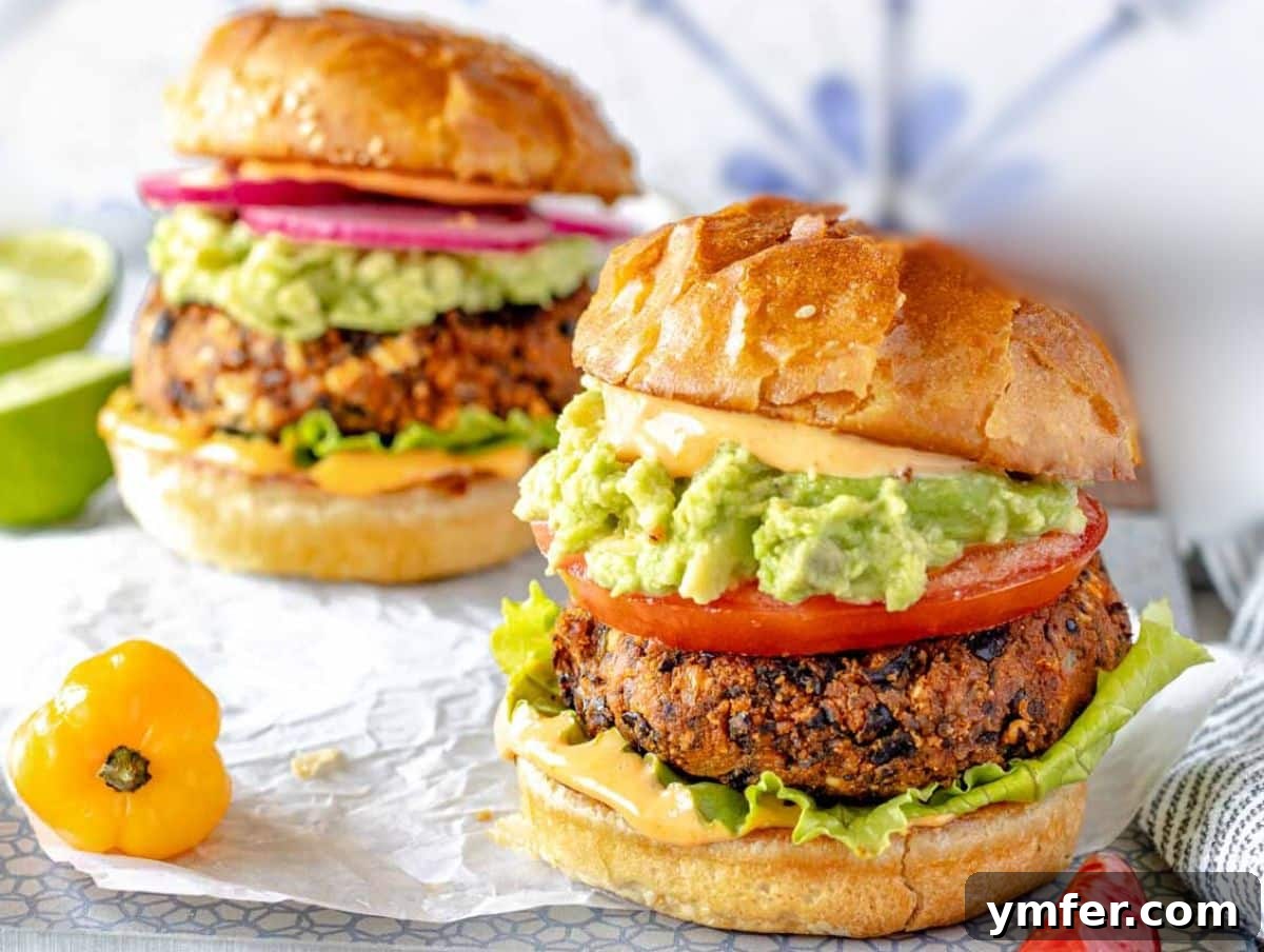 Fifteen Fantastic Black Bean Feasts 14 black bean burger with guacamole and tomato
