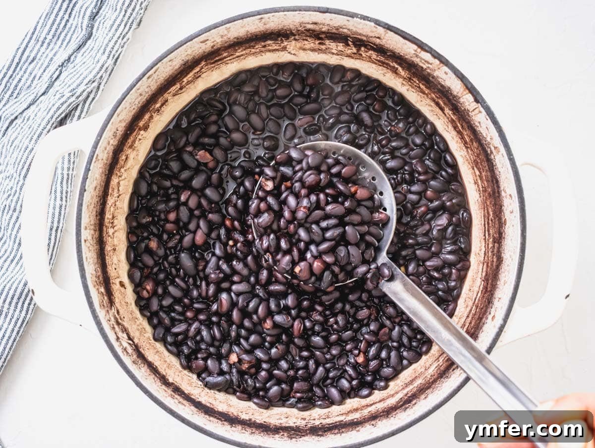 Fifteen Fantastic Black Bean Feasts 16 black bean after cooking in a white pot and a silver spoon
