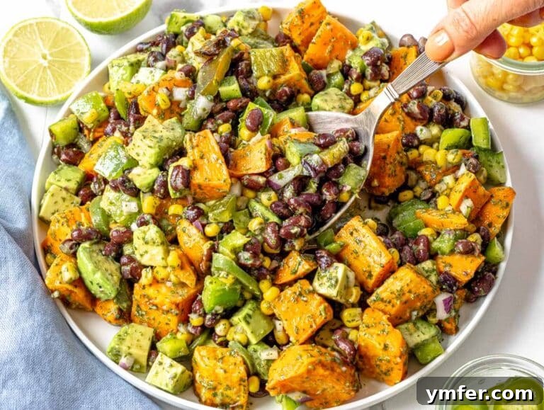 Fifteen Fantastic Black Bean Feasts 23 black bean salad with hand holding a spoon and lime in the background