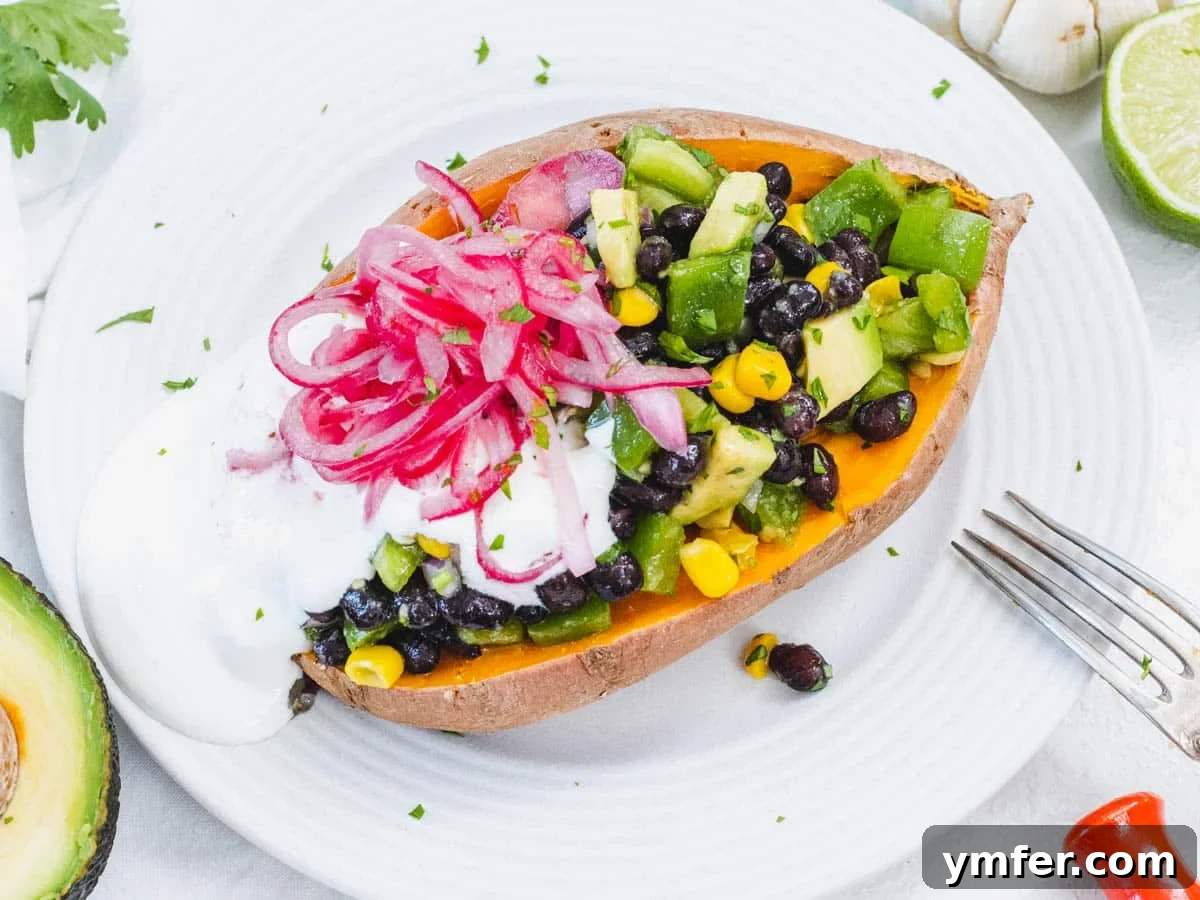 Fifteen Fantastic Black Bean Feasts 5 Microwave stuffed sweet potato with pickled red onion and black beans