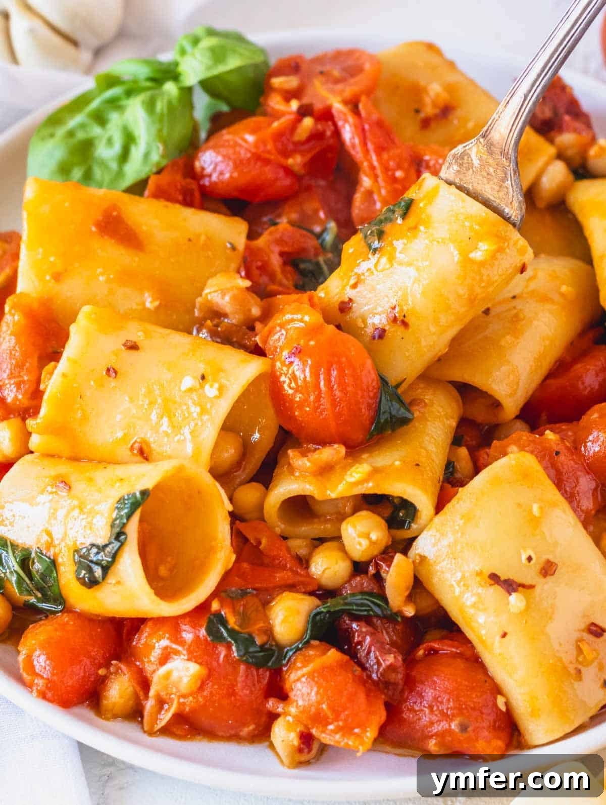 Paccheri: Italy's Grand Tubes 2 paccheri pasta with cherry tomatoes on a white plate
