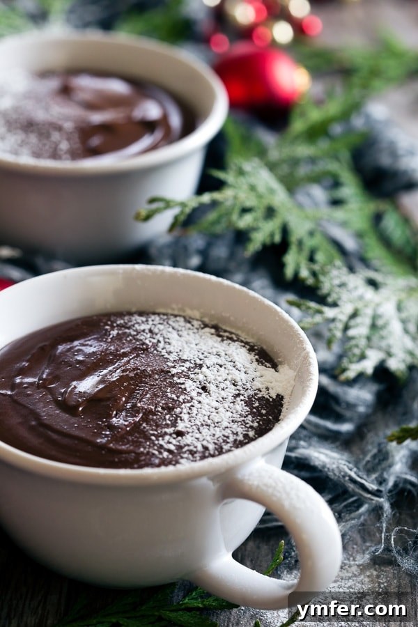 Velvet French Chocolate Dream 2 Rich French Hot Chocolate Pudding served in elegant coffee mugs, dusted with a hint of powdered sugar.