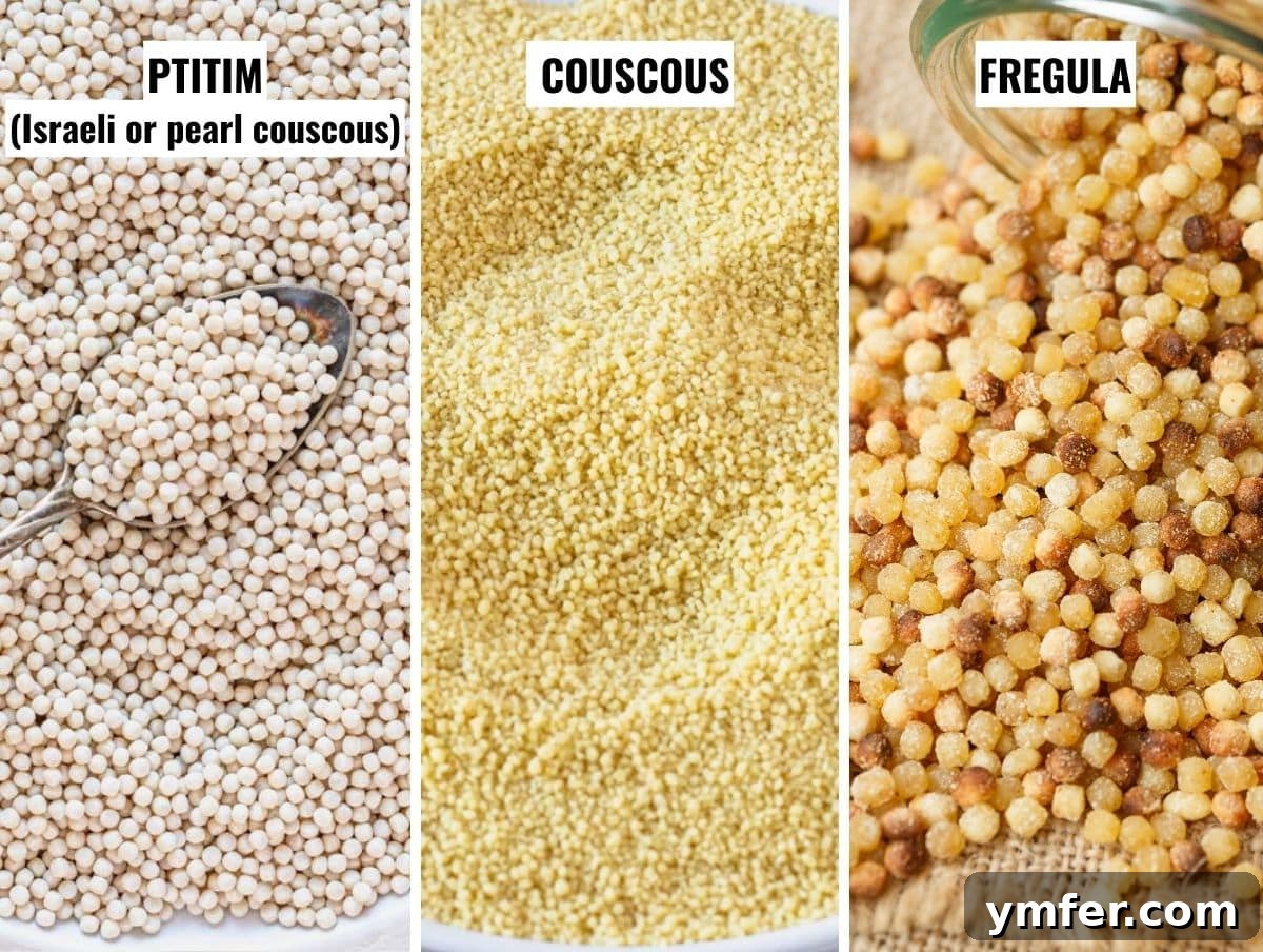 Sardinia's Toasted Pearl Pasta 4 A side-by-side comparison illustrating the difference between Israeli couscous and traditional fregola Sarda.